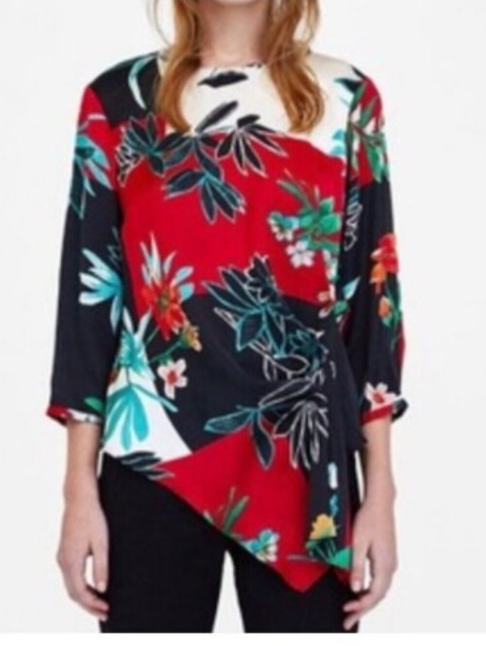 NWT Zara Asymmetrical Satin Floral Blouse - Picture 2 of 7